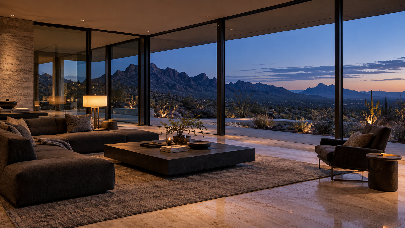 Illustrative contemporary living room with floor-to-ceiling glass